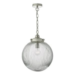 Dar Tamara 1 light ceiling pendant in satin nickel with ribbed glass globe main image