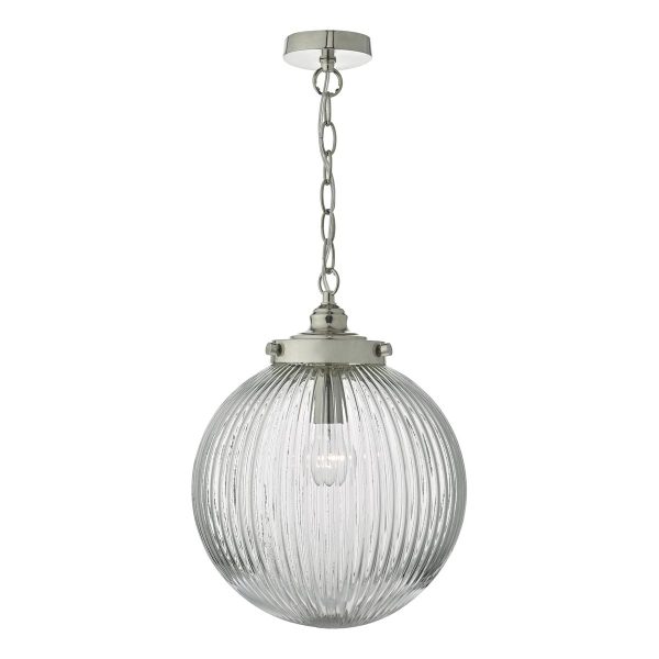 Dar Tamara 1 light ceiling pendant in satin nickel with ribbed glass globe main image