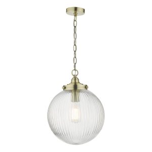 Dar Tamara 1 light ceiling pendant in antique brass with ribbed glass globe main image