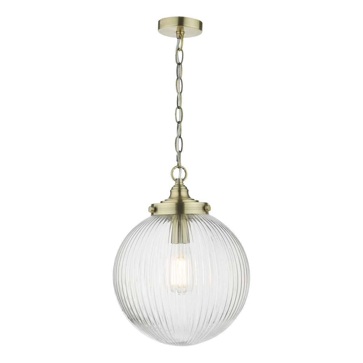 Dar Tamara 1 Light Ceiling Pendant Antique Brass Ribbed Glass Globe