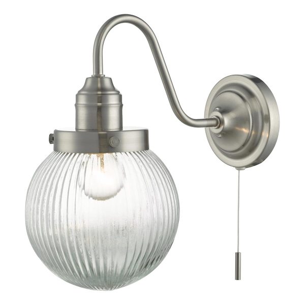 Dar Tamara single switched wall light in satin nickel with ribbed glass globe main image