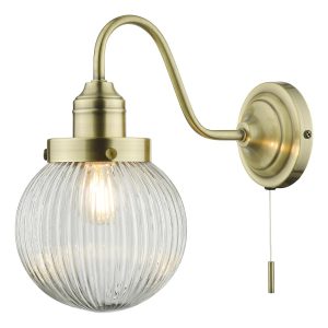 Dar Tamara single switched wall light in antique brass with ribbed glass globe main image