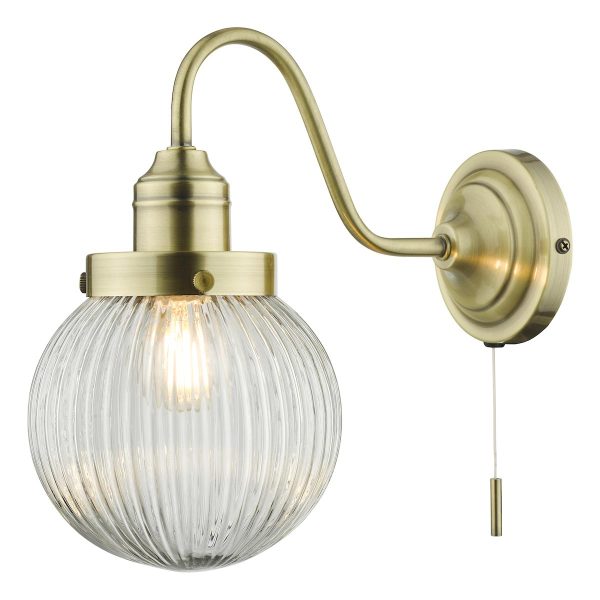 Dar Tamara Single Switched Wall Light Antique Brass Ribbed Glass Globe