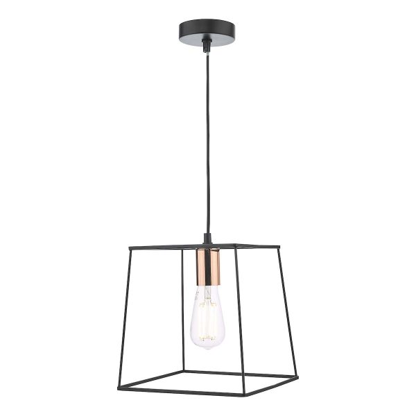 Dar Tower 1 light ceiling pendant in matt black with polished copper main image