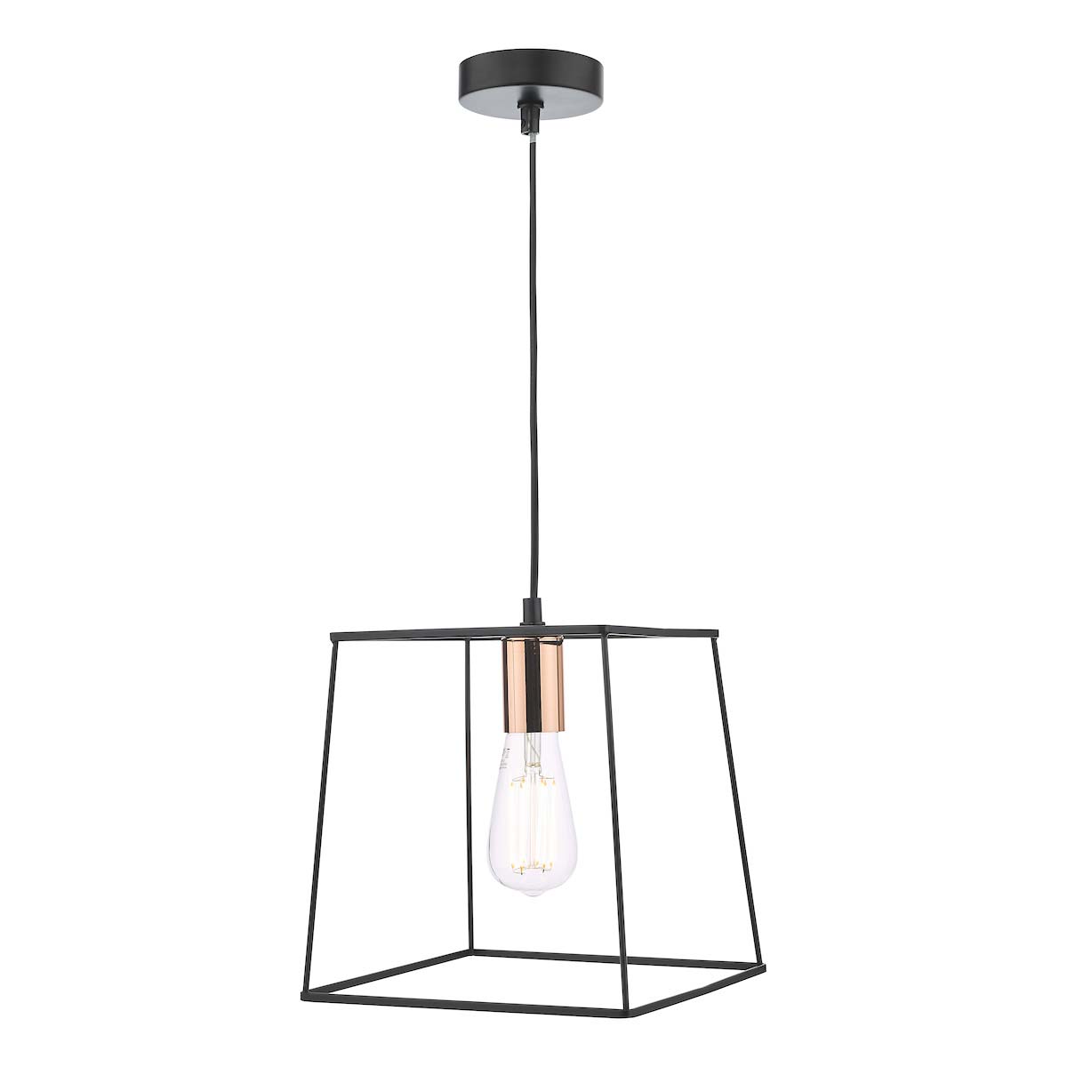 Dar Tower Industrial Style 1 Light Ceiling Pendant Matt Black Copper Detail