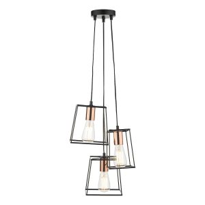 Dar Tower 3 light cluster pendant in matt black with polished copper main image