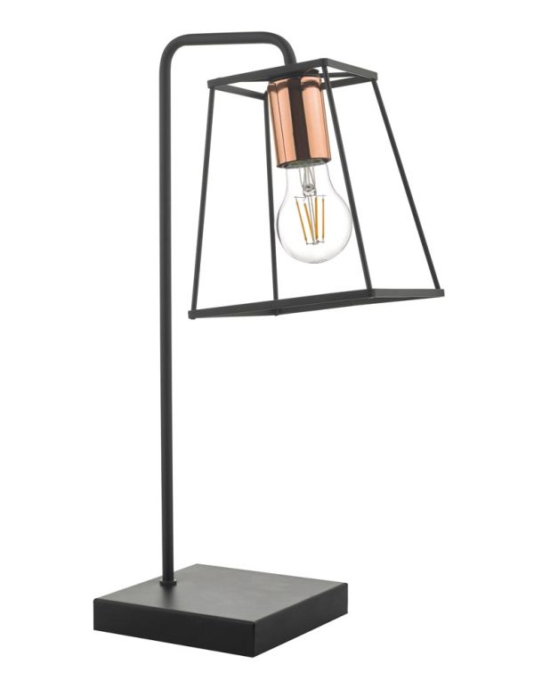 Dar Tower Matt Black 1 Light Industrial Table Lamp Polished Copper Detail