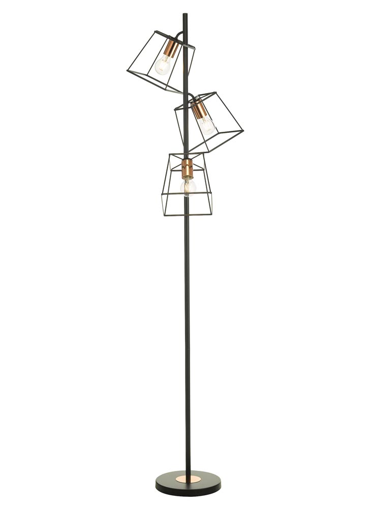 Dar Tower Matt Black 3 Light Cluster Floor Lamp Polished Copper Detail