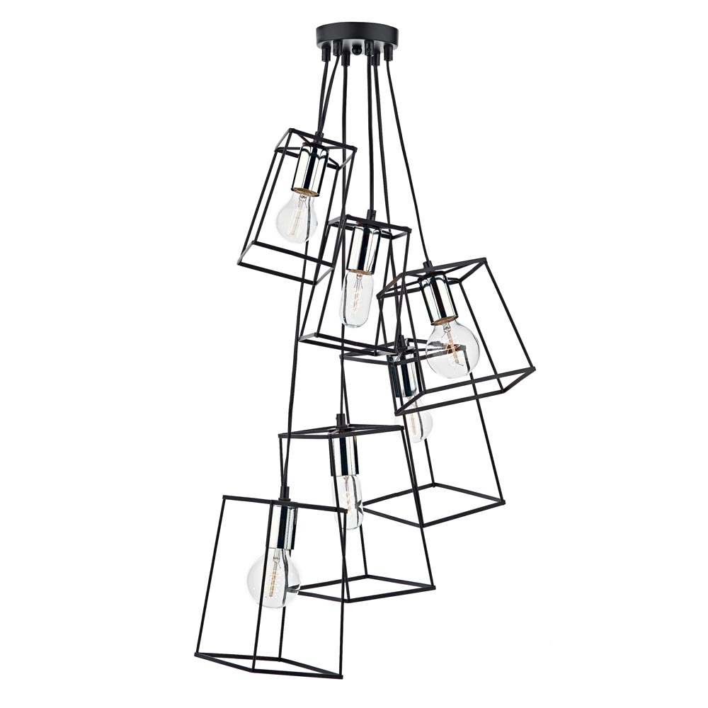 Dar Tower Matt Black 6 Light Cluster Pendant Polished Chrome Detail