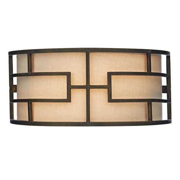 Dar Tumola Art Deco style 2 lamp wall light with shade in matt bronze on white background