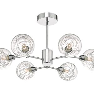 Dar Tyka Chrome 6 Lamp Semi Flush Low Ceiling Light Wire Glass Globes