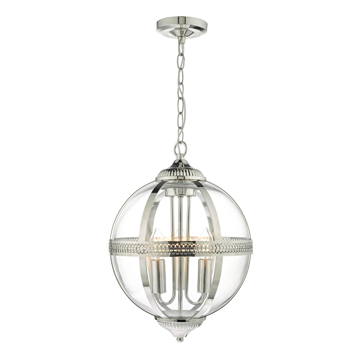 Dar Vanessa 3 Light Globe Lantern Ceiling Pendant Polished Nickel Glass