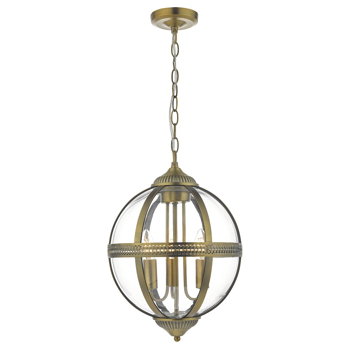 Dar Vanessa 3 Light Globe Lantern Ceiling Pendant Antique Brass Glass