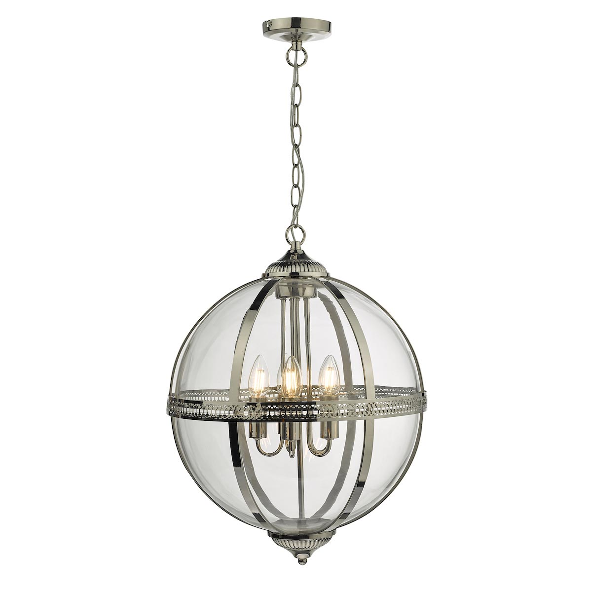 Dar Vanessa 5 Light Globe Lantern Ceiling Pendant Polished Nickel Glass