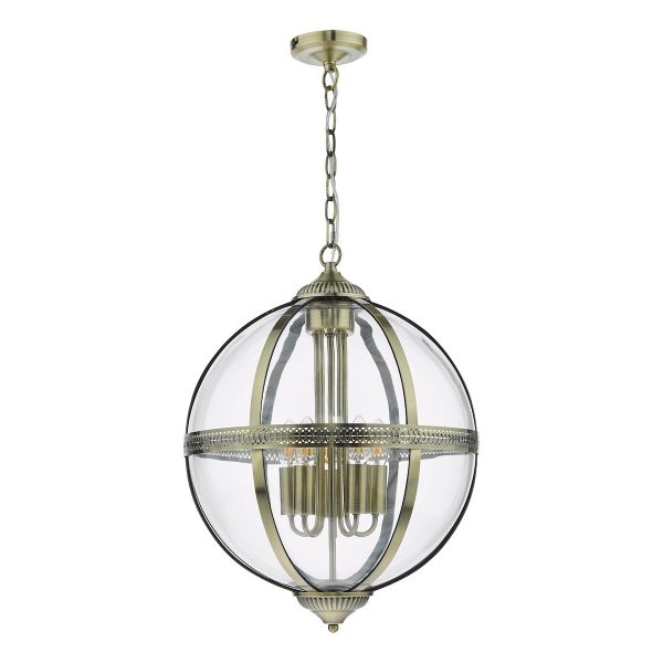 Dar Vanessa 5 Light Globe Lantern Ceiling Pendant Antique Brass Glass