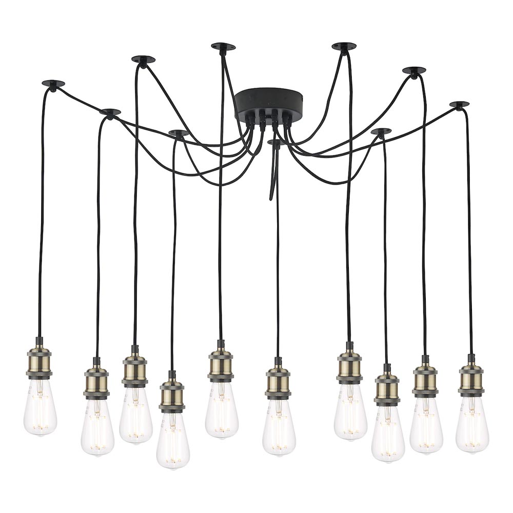 Dar Waco 10 Light Industrial Ceiling Pendant Suspension Antique Brass