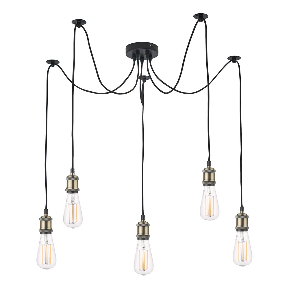 Dar Waco 5 Light Industrial Ceiling Pendant Suspension Antique Brass