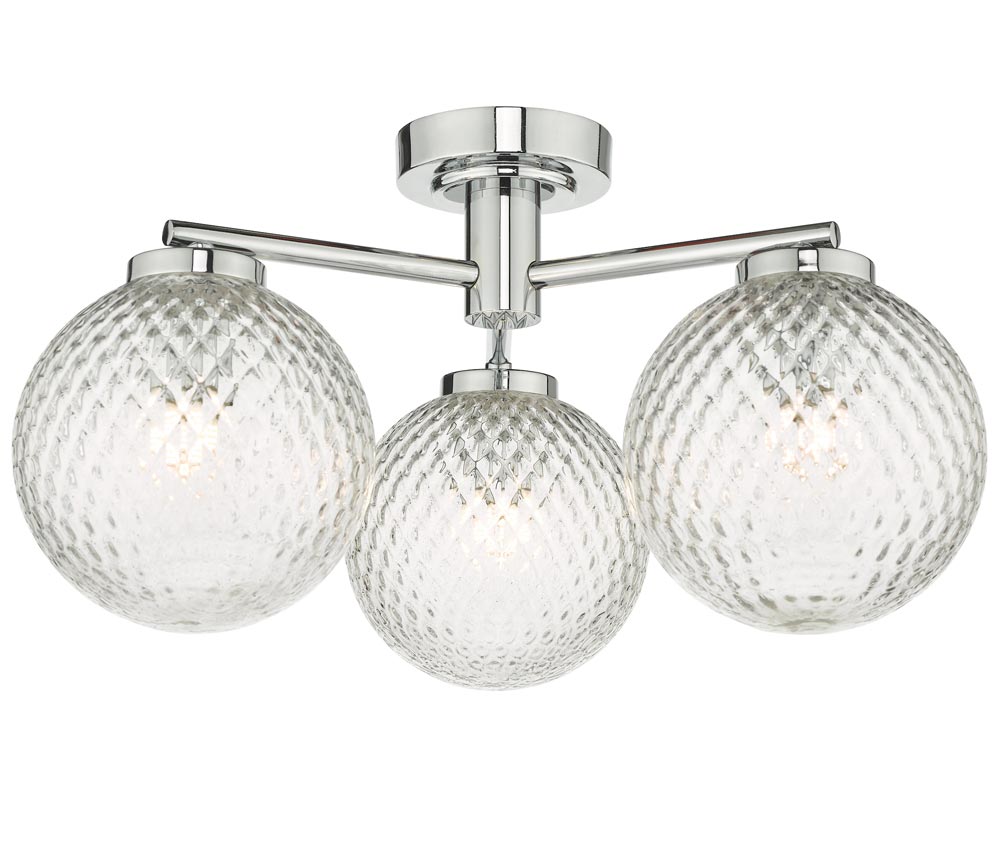 Dar Wayne Chrome 3 Lamp Flush Bathroom Ceiling Light Textured Glass