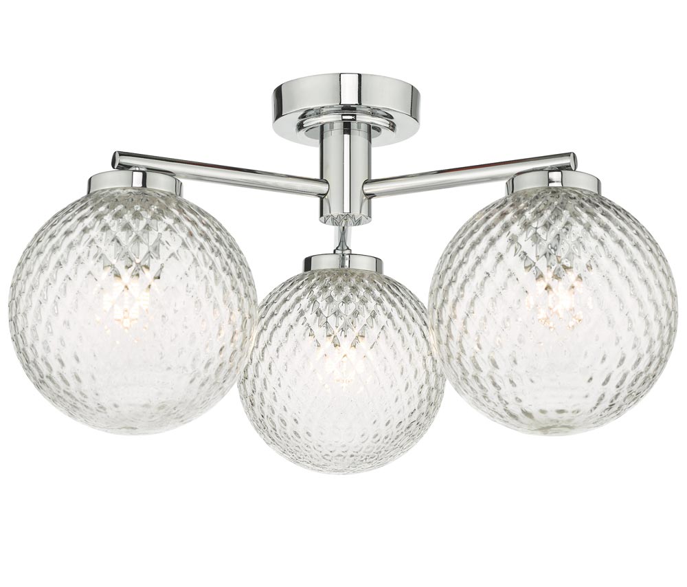 Dar Wayne Chrome 3 Lamp Flush Bathroom Ceiling Light Textured Glass