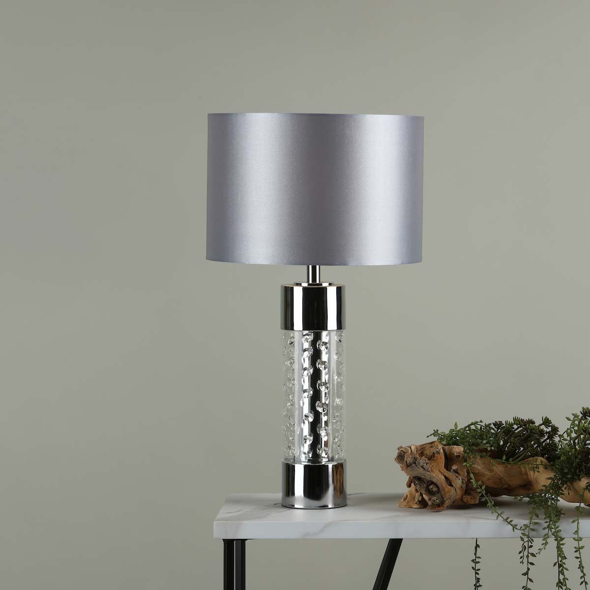 Dar Yalena Large 1 Light Glass Table Lamp Crystal Chrome Grey Shade