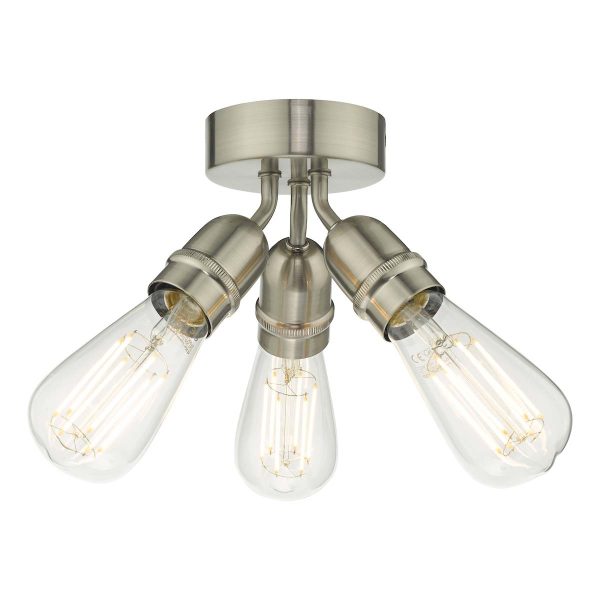 Dar Lighting Yao industrial style 3 light flush ceiling light in satin nickel main image