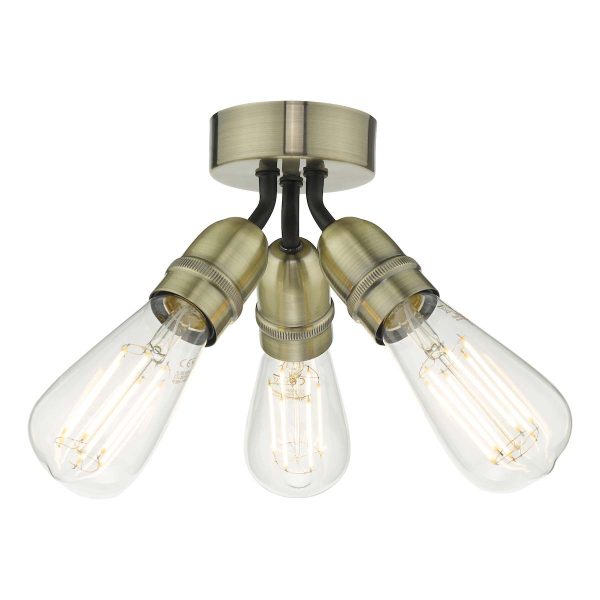 Dar Lighting Yao industrial style 3 light flush ceiling light in antique brass main image