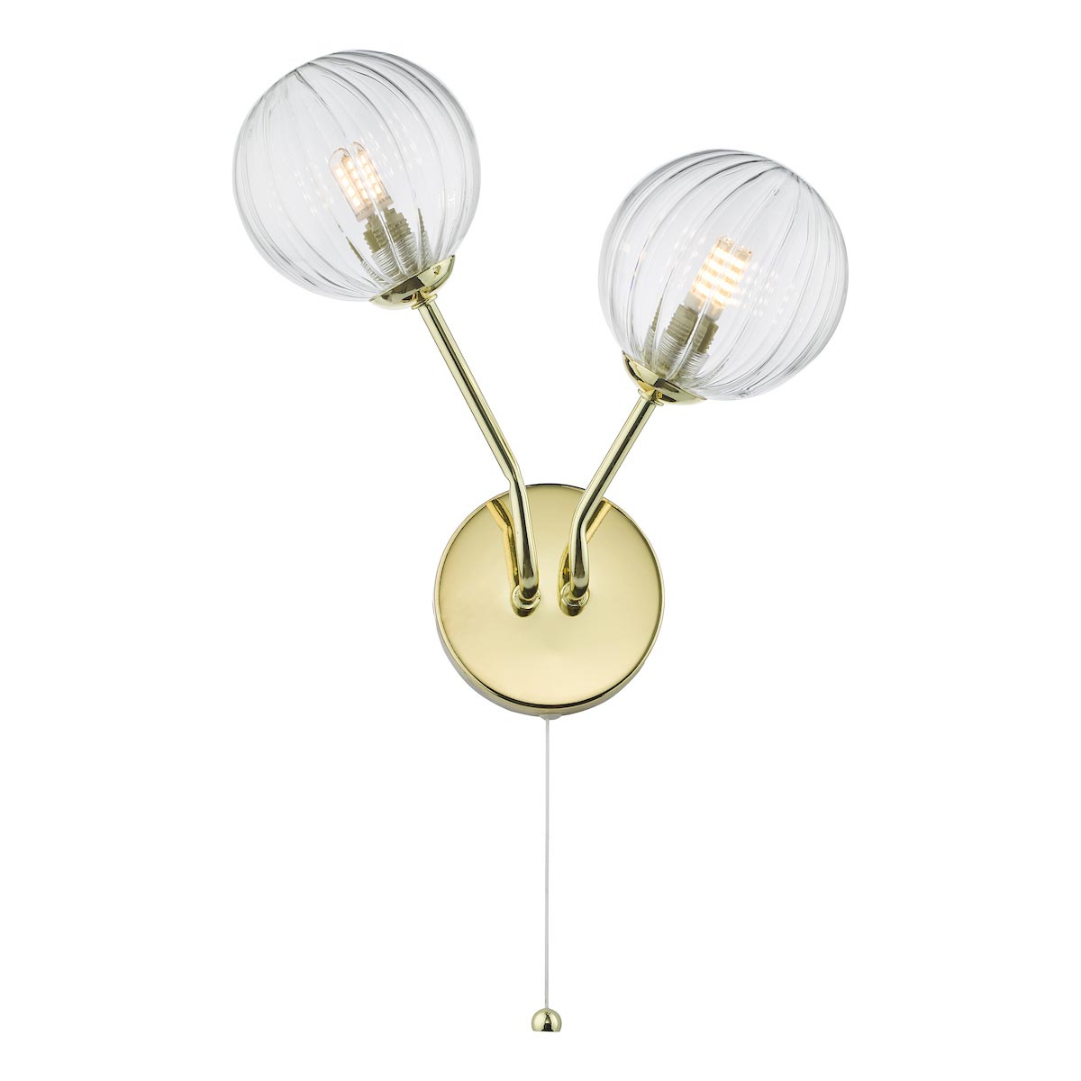 Dar Yiska Switched 2 Lamp Twin Wall Light Satin Gold Ribbed Glass Shades