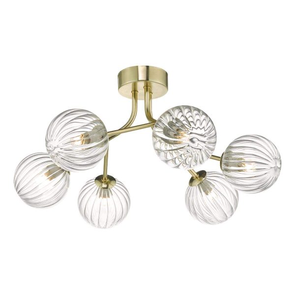 Dar Yiska 6 Lamp Semi Flush Low Ceiling Light Satin Gold Ribbed Glass