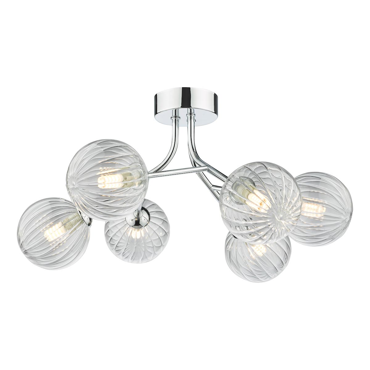 Dar Yiska 6 Lamp Semi Flush Low Ceiling Light Chrome Ribbed Glass