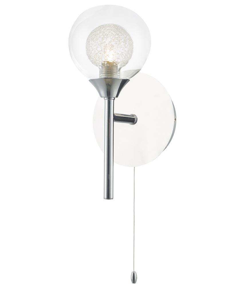 Dar Zeke 1 Lamp Switched Wall Light Polished Chrome Spun Glass Shade