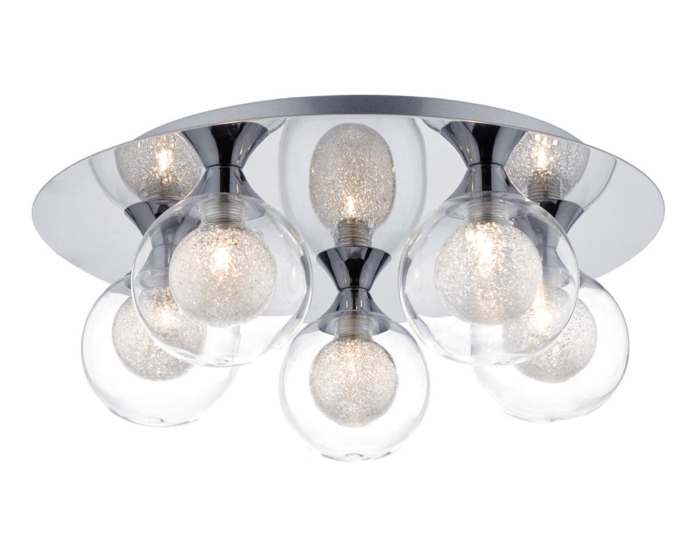 Dar Zeke 5 Lamp Flush Mount Low Ceiling Light Chrome Spun Glass