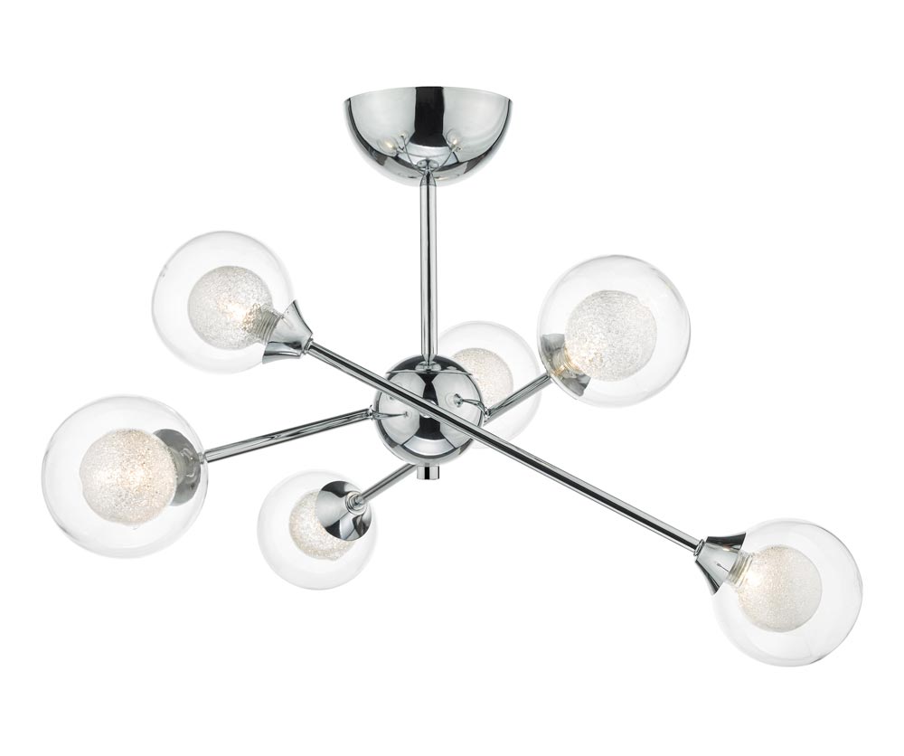 Dar Zeke 6 Lamp Semi Flush Low Ceiling Light Chrome Spun Glass