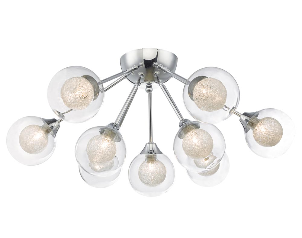 Dar Zeke 9 Lamp Semi Flush Low Ceiling Light Chrome Spun Glass