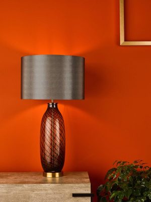 Dar Zeya smoked art glass table lamp in aged brass with grey shade main image