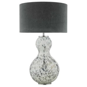 Dascha metallic art glass table lamp base with grey velvet drum shade on white background