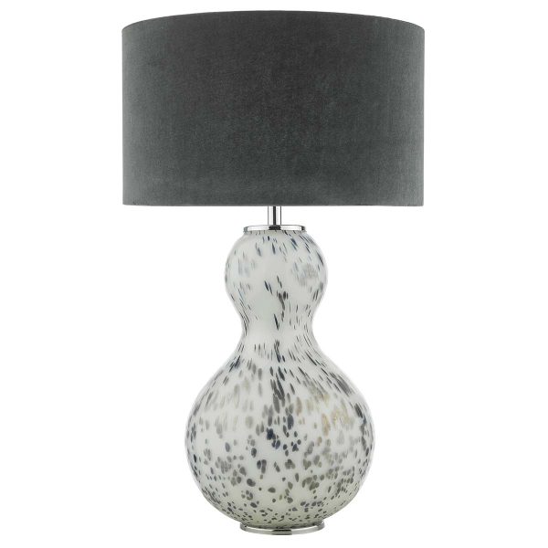 Dascha metallic art glass table lamp base with grey velvet drum shade on white background