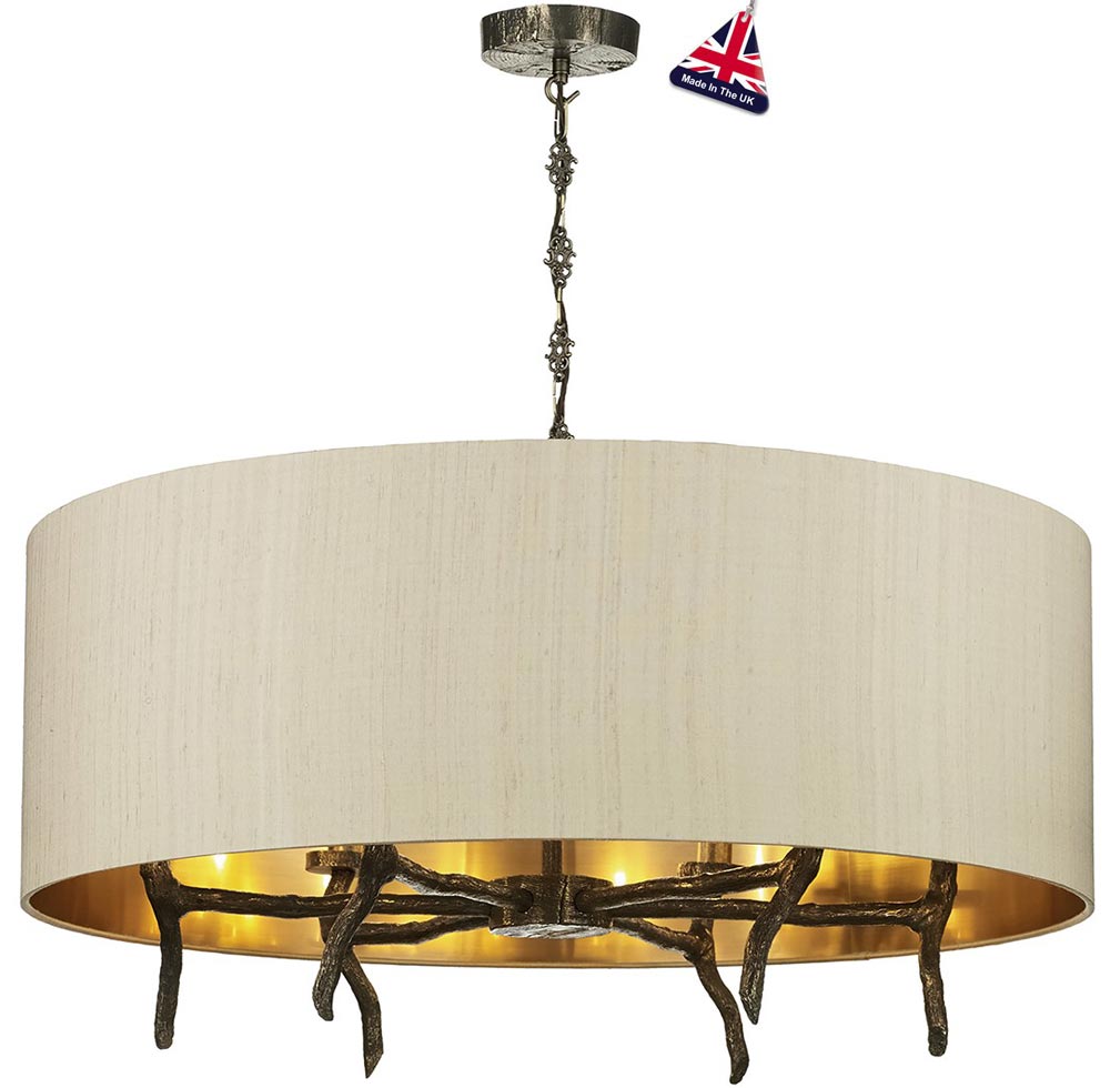 David Hunt Joshua Bronze 6 Light Pendant Taupe Silk Shade