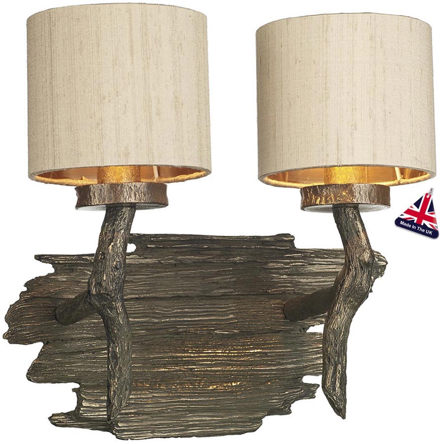 David Hunt Joshua Bronze Twin Wall Light Taupe Silk Shades