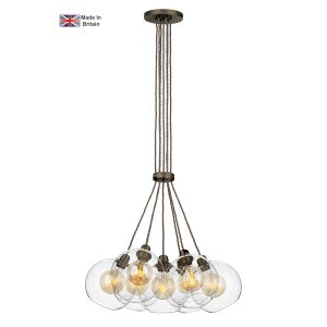 Apollo 7 light cluster pendant in solid antique brass with clear glass shades on white background lit