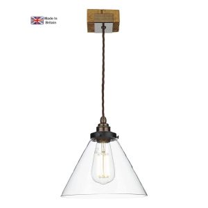 Aspen wood effect single light ceiling pendant with clear glass shade on white background lit