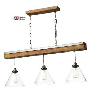 Aspen wood effect 3 light ceiling pendant bar with glass shades