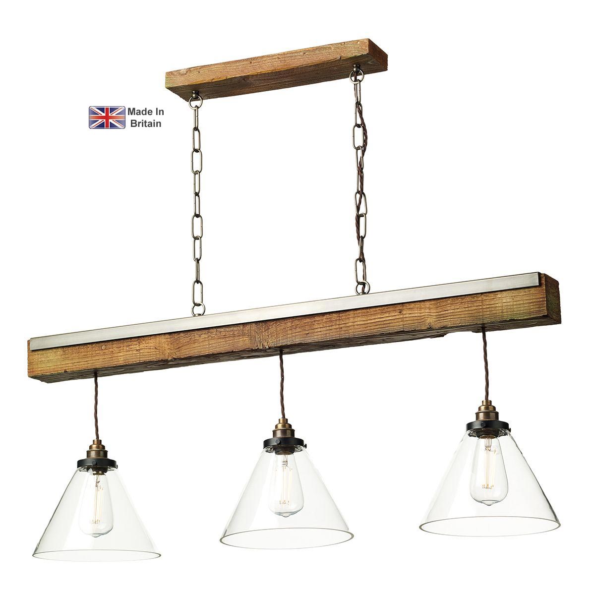 Aspen 3 Light Pendant Bar Natural Wood Effect Glass Shades