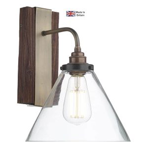 Aspen wood effect 1 lamp single wall light with glass shade on white background lit