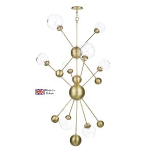 Cosmos 2.7m drop 8 light solid butter brass ceiling pendant with clear glass shades