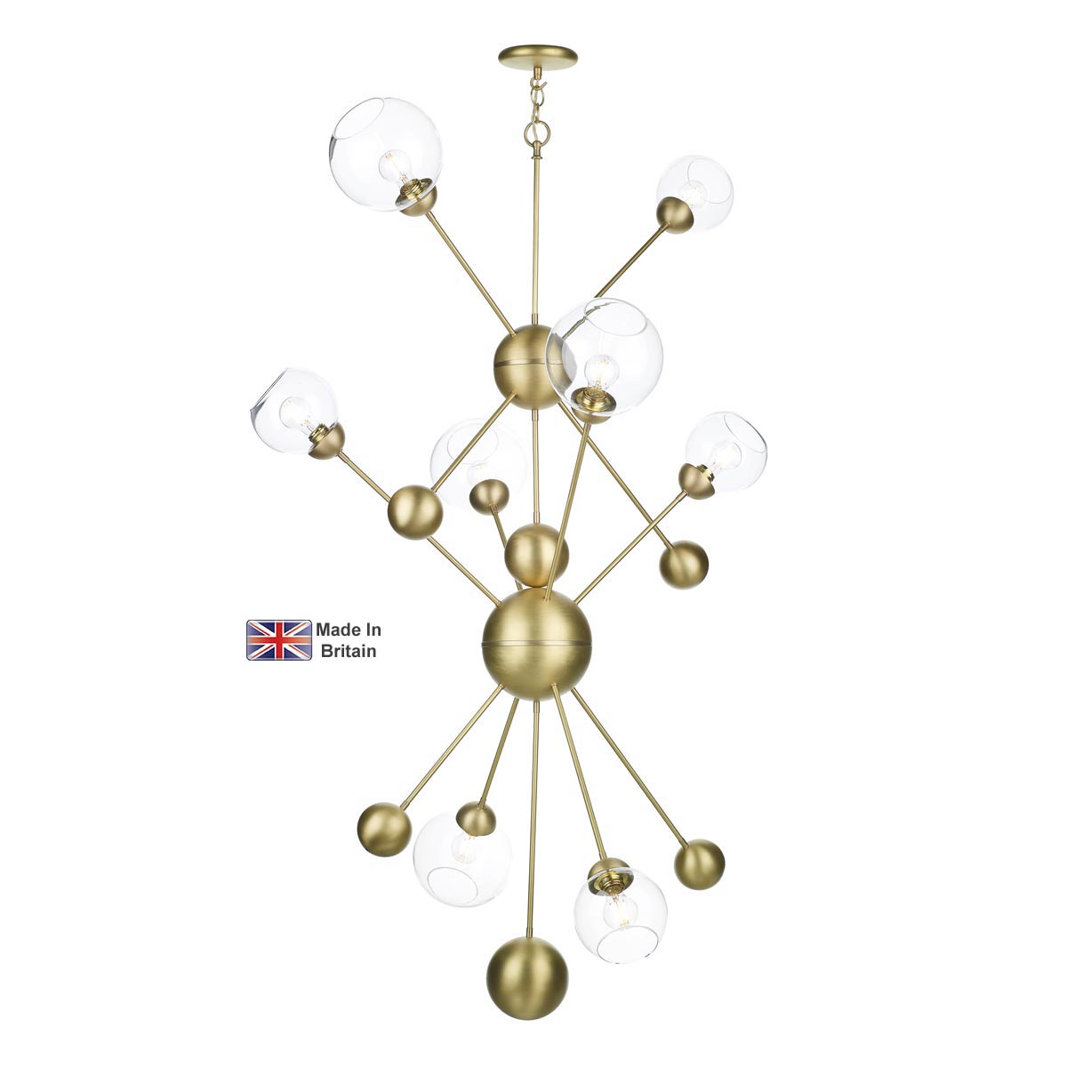 David Hunt Cosmos 2.7m Drop 8 Light Butter Brass Pendant Clear Glass