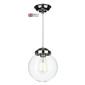 Fairfax small solid brass 1 light pendant in chrome with clear glass globe shade main image