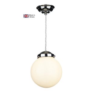 Fairfax small solid brass 1 light pendant in chrome with opal glass globe shade main image