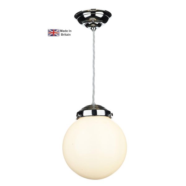 Fairfax small solid brass 1 light pendant in chrome with opal glass globe shade main image