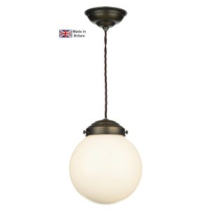 Fairfax small 1 light pendant in solid antique brass with opal glass globe shade main image