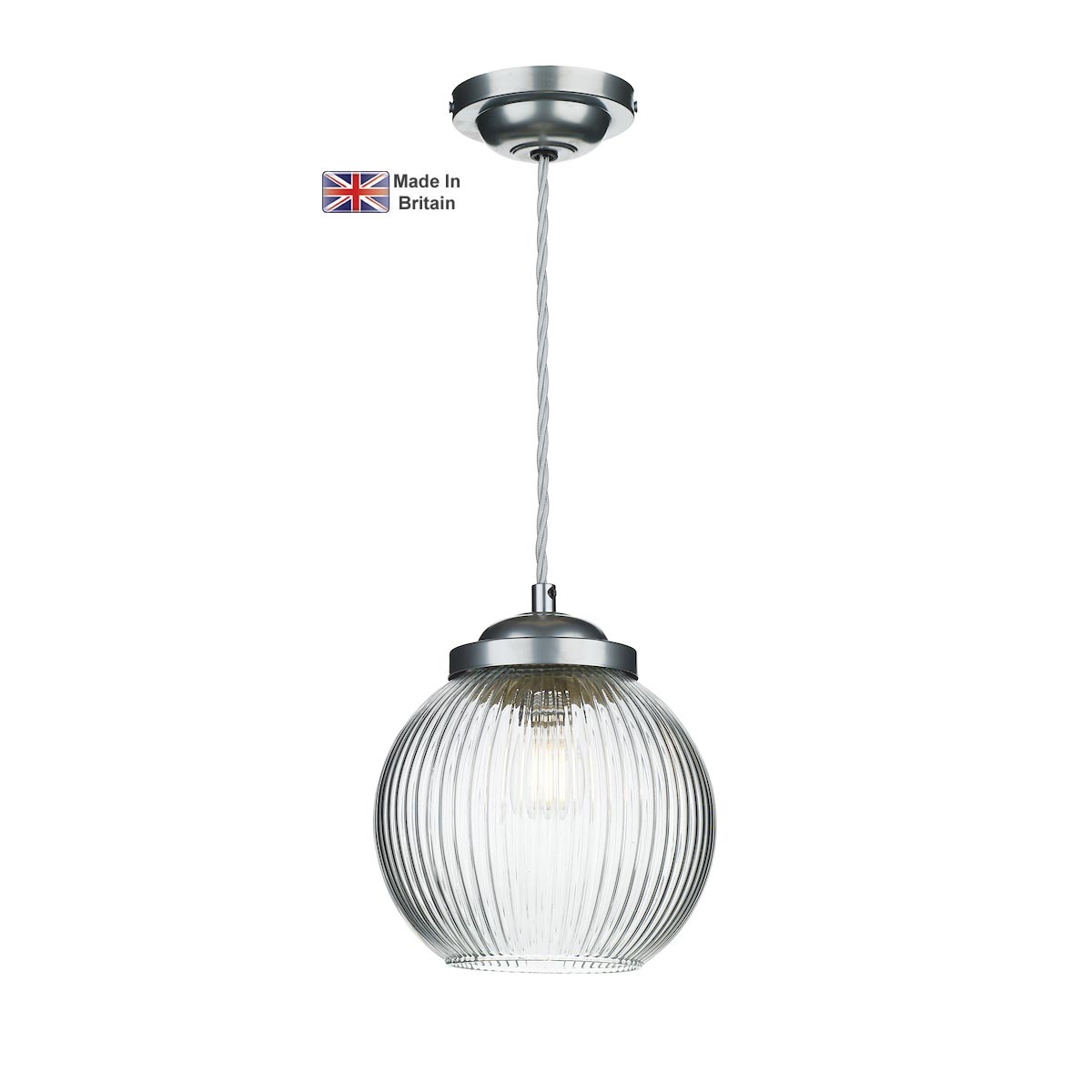 David Hunt Henley Satin Chrome 1 Light Ceiling Pendant Ribbed Glass